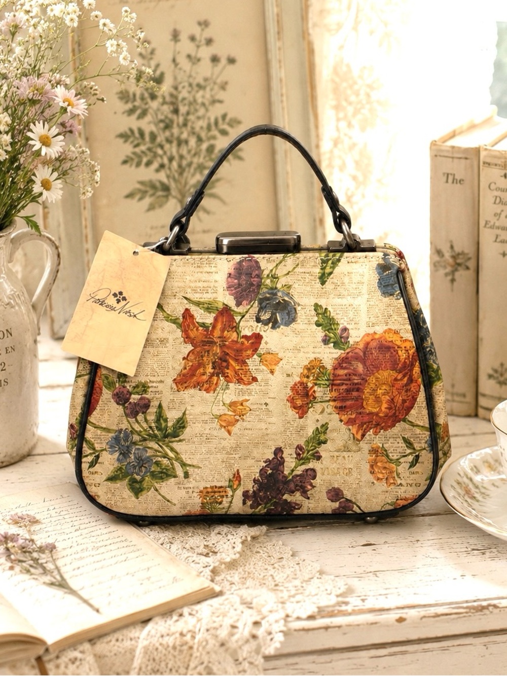 NWT Patricia Nash Antica Mini Frame Satchel - Parisian Newspaper Floral